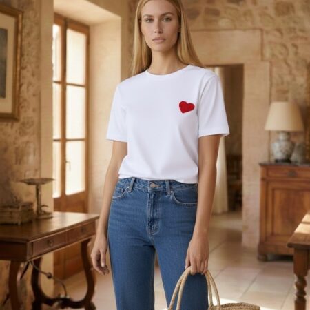 Kadın Kalp İşlemeli Pamuklu Oversize Beyaz T-Shirt