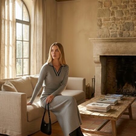 Kadın Lacivert Polo Yaka Viskon Bluz-Etek Triko Takım