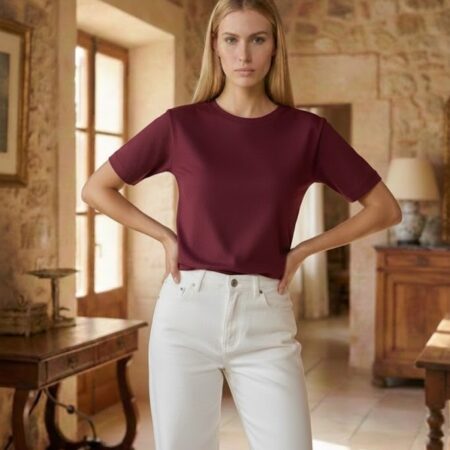 Kadın Bordo Bisiklet Yaka Vatkalı T-shirt