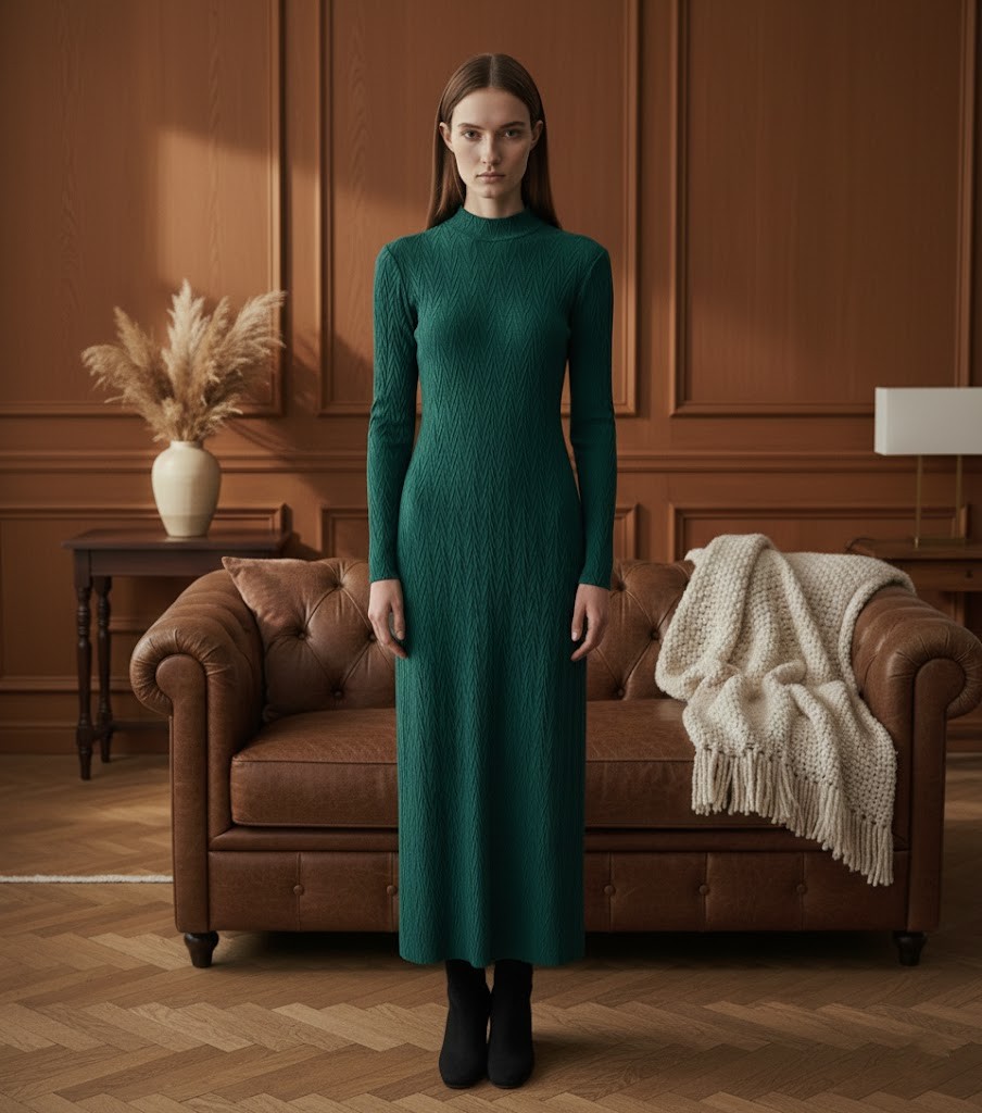 Kadın Arkası Fermuarlı Dik Yaka Basic Elbise