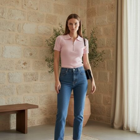 Kadın Pembe Polo Yaka Kısa Kol Body