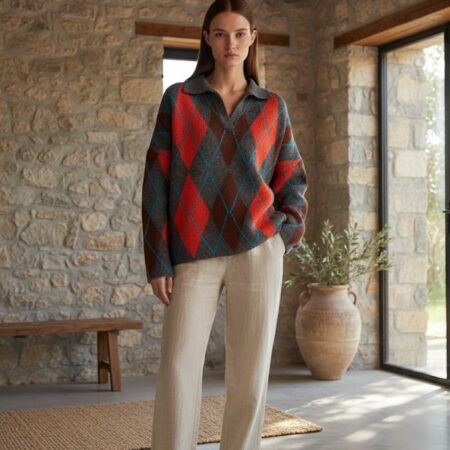 Antrasit Polo Yaka Baklava Desen Oversize Triko