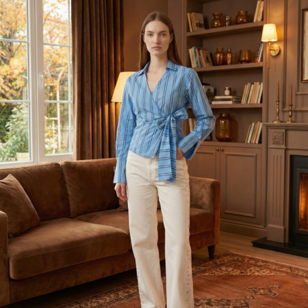 Kadın Mavi Çizgili Cepli Oversize Pamuklu Gömlek