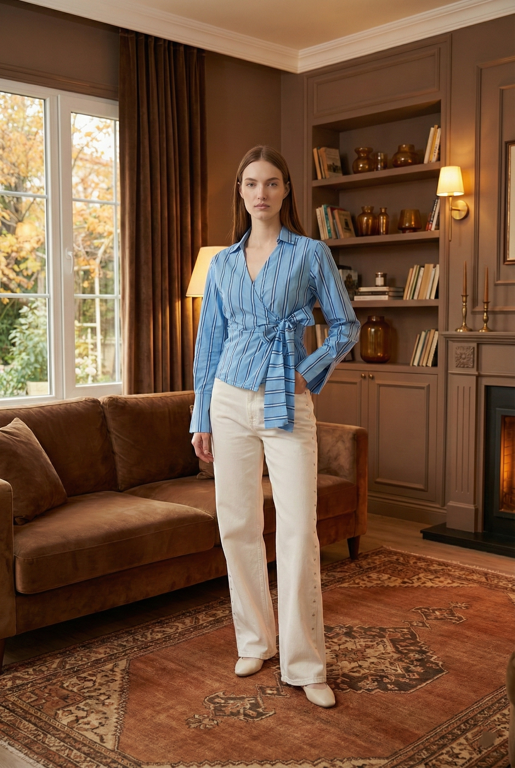 Kadın Mavi Çizgili Cepli Oversize Pamuklu Gömlek