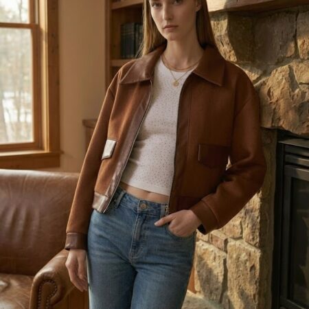 Kadın Kahve Deri Detaylı Fermuarlı Süet Ceket