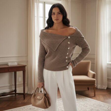 Vizon Önden Düğmeli Kayık Yaka Triko