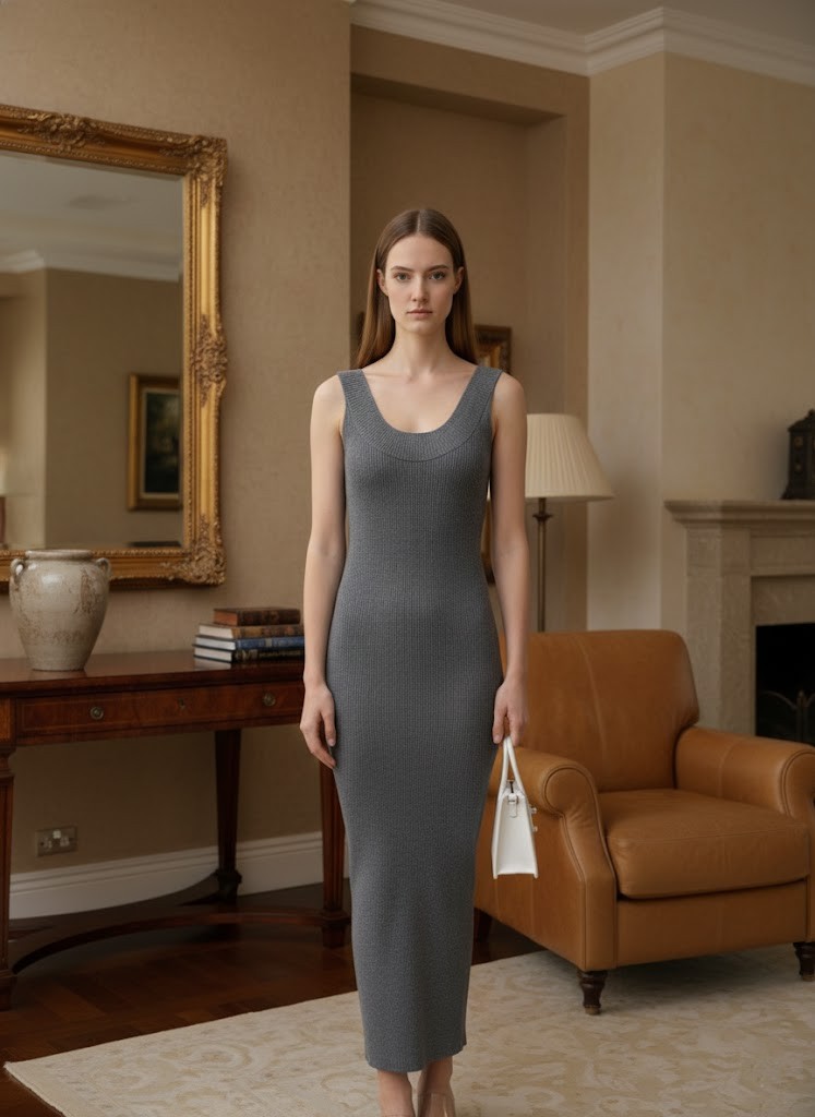 Kadın Gri Kolsuz Yumoş Viskon Triko Elbise