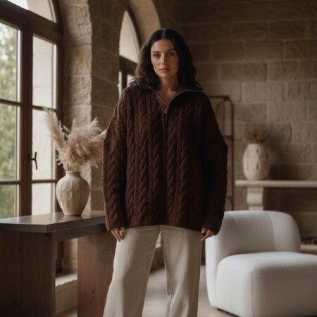 Kahve Saç Örgü Yakası Fermuarlı Triko