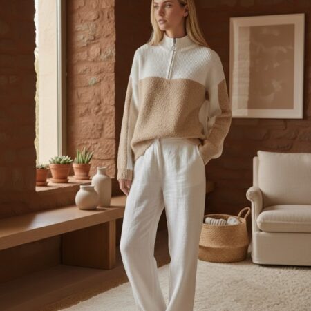 Kadın Bej-Krem Fermuarlı Yarım Balıkçı Çift Renk Triko Kazak