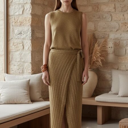 Kadın Haki Simli Bağlama Detaylı Triko Etek
