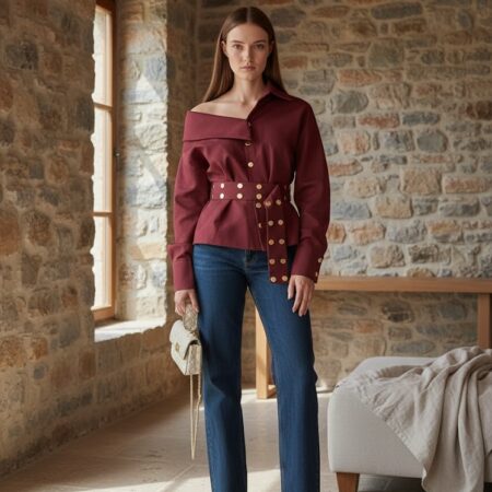 Kadın Bordo Gold Çıt Çıt Detaylı Kemerli Tasarım Gömlek