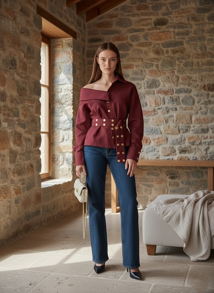 Kadın Bordo Gold Çıt Çıt Detaylı Kemerli Tasarım Gömlek