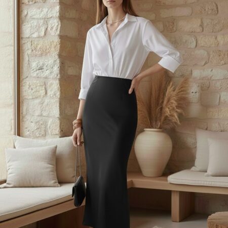 Kadın Siyah Beli Lastikli Uzun Kloş Saten Etek