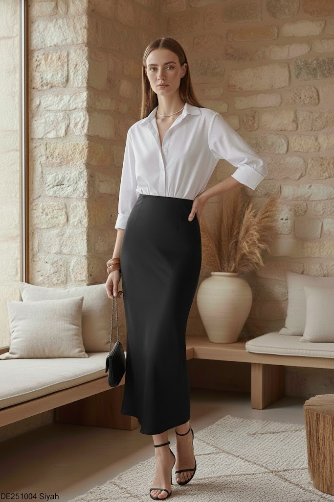 Kadın Siyah Beli Lastikli Uzun Kloş Saten Etek