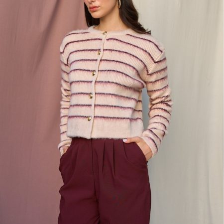 Kadın Bej Gold Düğmeli Çizgili Yumoş Triko Hırka