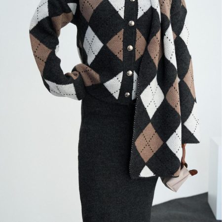 Kadın Koyu Vizon Hırka-etekli Şal Aksesuarlı Triko Takım