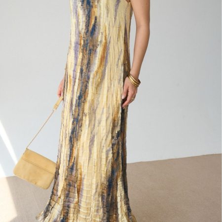 Kadın Sarı Kraşlı Boyundan Düğmeli Kolsuz Uzun Elbise