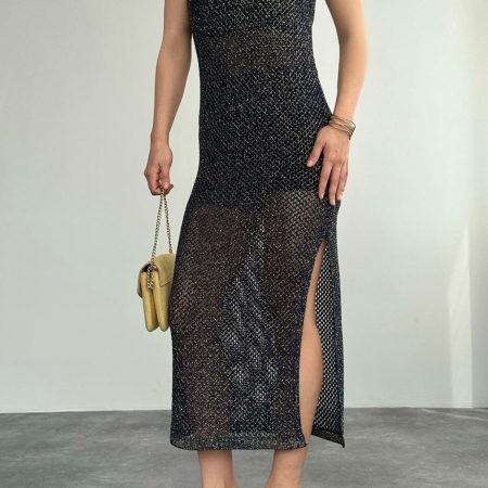 Simli Ajurlu Krem Elbise