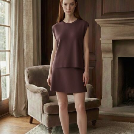 Kadın Kahve V Yaka Kolsuz Bluz - Etek 2'li Takım