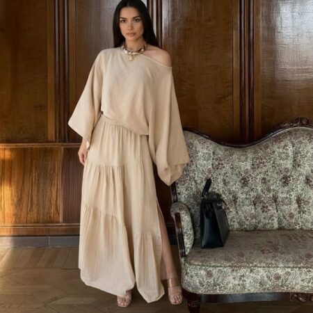 Kadın Bej Bluz-Etek Keten Takım