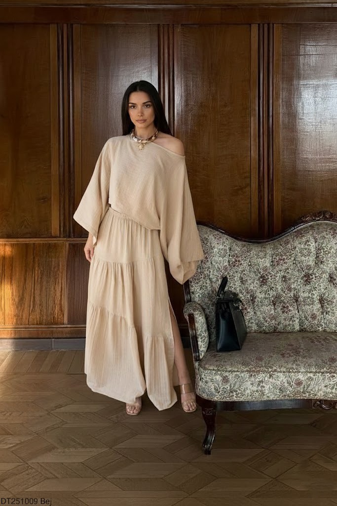 Kadın Bej Bluz-Etek Keten Takım
