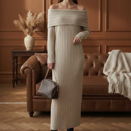 Kadın Bej Degaje Yaka Uzun Triko Elbise