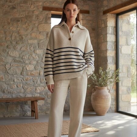 Kadın Açık Bej-Lacivert Balıkçı Yaka Düğmeli Triko Kazak