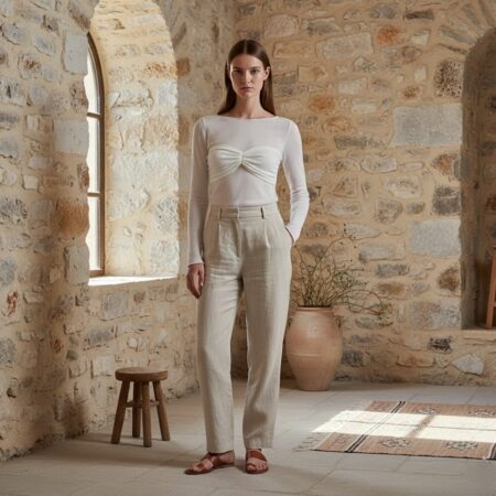 Kadın Beyaz Göğüs Büzgülü Transparan Triko Bluz