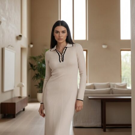 Kadın Krem Polo Yaka Düğmeli Viskon Triko Elbise