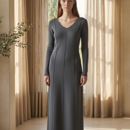 Kadın Madonna Yaka Uzun Viskon Triko Elbise