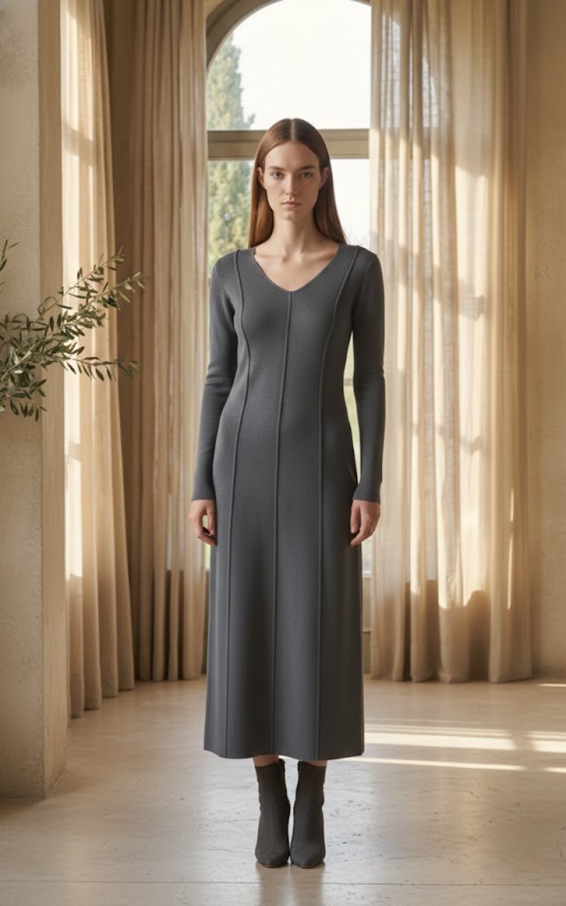 Kadın Madonna Yaka Uzun Viskon Triko Elbise