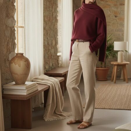 Kadın Bordo Kendinden Şallı Triko Kazak