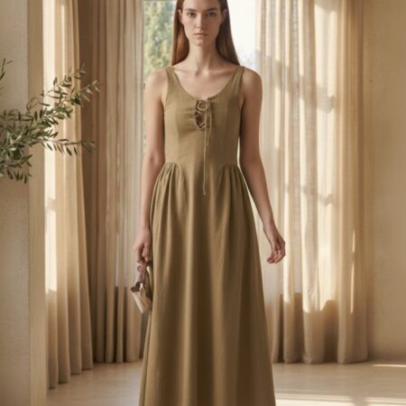 Kadın Önden Bağlamalı Askılı Uzun Elbise