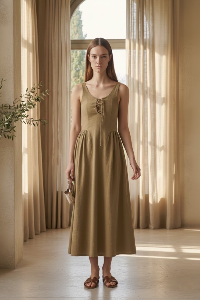 Kadın Önden Bağlamalı Askılı Uzun Elbise