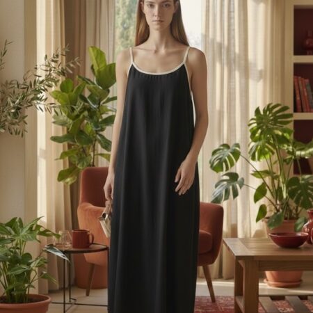 Kadın Siyah İnce Askılı Düz Dokuma Elbise