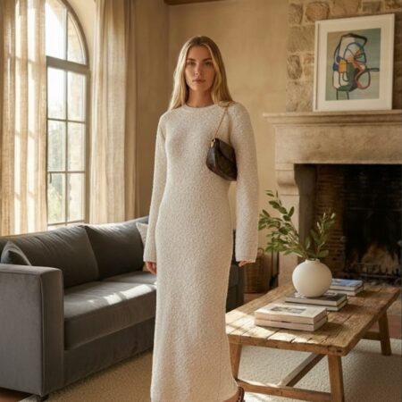 Kadın Taş Bisiklet Yaka Uzun Dokulu Triko Elbise