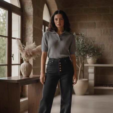 Kadın Vizon Polo Yaka Ajurlu Kısa Kol Viskon Triko Kazak