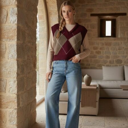 Kadın Bordo-Vizon V Yaka Baklava Desen Triko Süveter