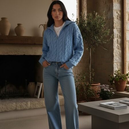 Kadın Somon Balıkçı Yaka Fermuarlı Örgülü Oversize Triko Kazak