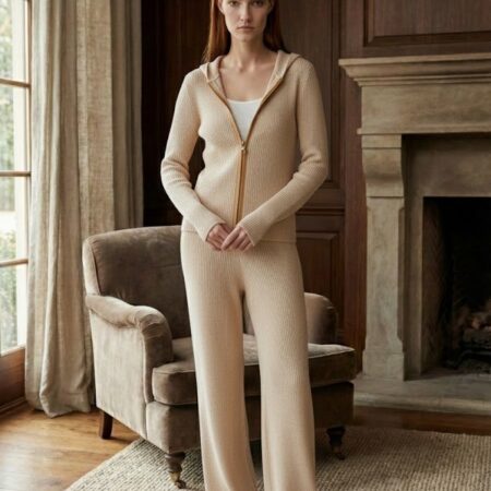 Kadın Krem Selanik Pantolon-Hırka İkili Triko Takım