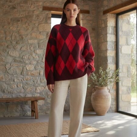 Bordo Baklava Desen Oversize Triko