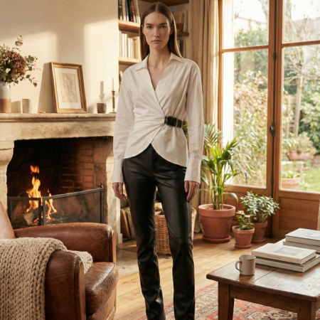 Kadın Ekru Kemerli Kruvaze Yaka Gömlek