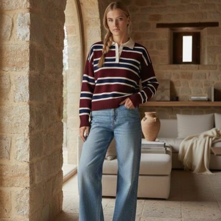 Kadın Bordo-Krem Polo Yaka Triko Kazak