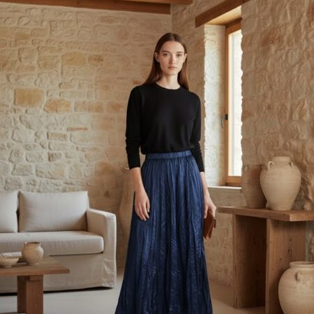 Kadın Kahve Kırışık Desenli Uzun Saten Etek