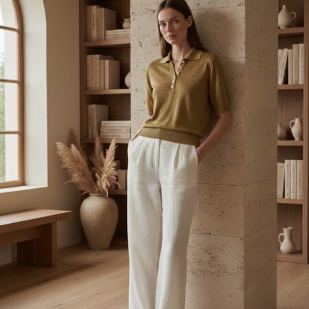 Kadın Gold Polo Yaka Simli Kısa Kol Kazak