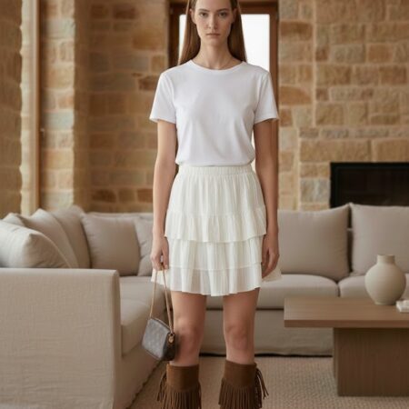 Kadın Ekru Beli Lastikli Nakış Detaylı Astarlı Mini Etek