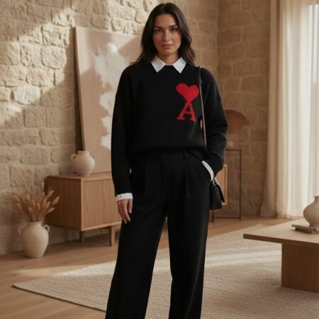 Kadın Siyah Kalpli Triko Kazak