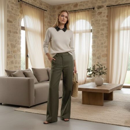 Kadın Ekru Polo Yaka Taş İşlemeli Triko Kazak