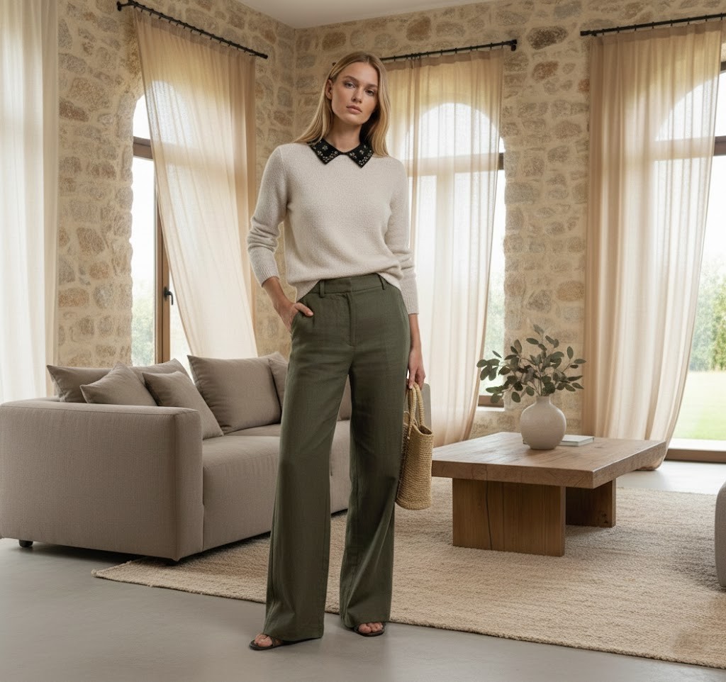 Kadın Ekru Polo Yaka Taş İşlemeli Triko Kazak