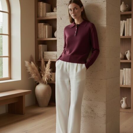 Kadın Bordo Polo Yaka Düğmeli Basic Viskon Triko Kazak